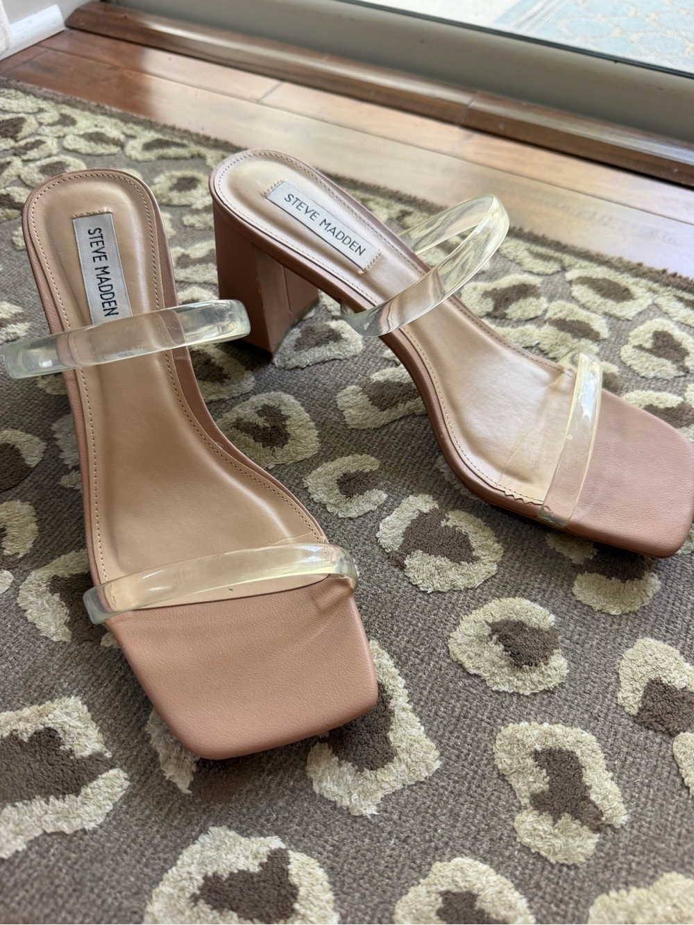 EUC Steve Madden Nude Clear-Strap Block Heel Sandals Size 9